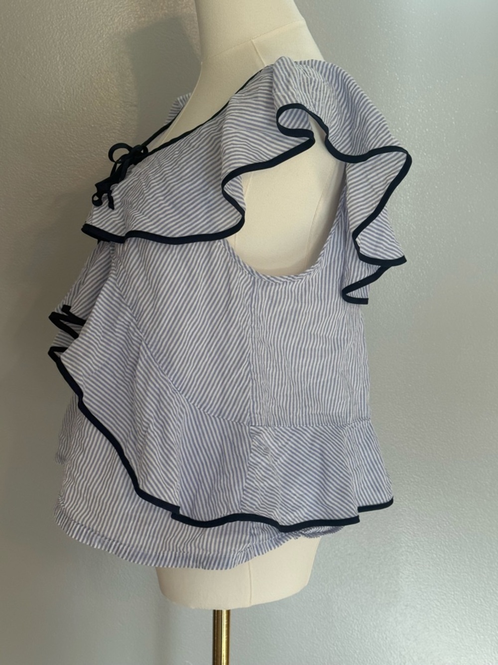 J. Crew Blue and White Striped Ruffle Off-Shoulder Top - Picture 5 of 6